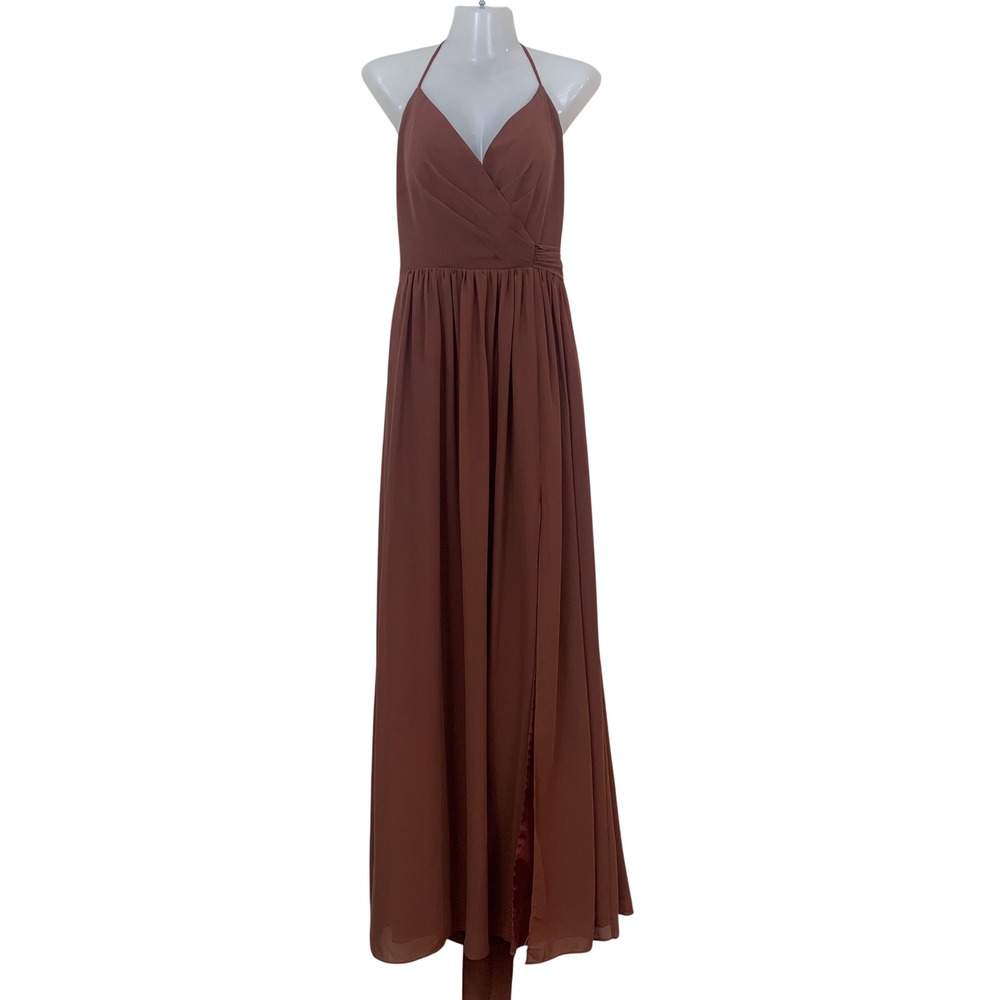 Revelry Hannah Chiffon Faux Wrap Halter Maxi Dress Cinnamon Rose Prom Formal